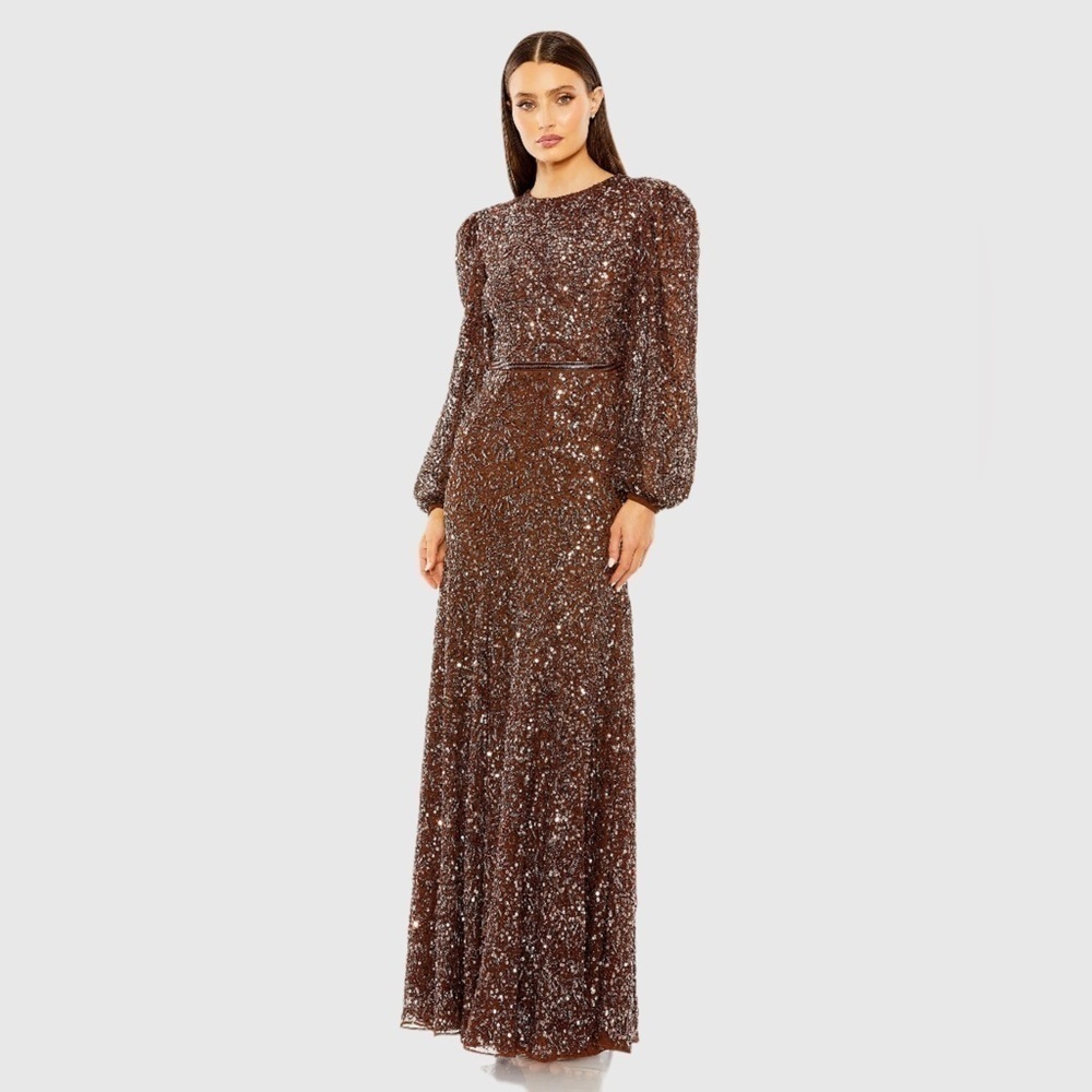 MAC DUGGAL NWT 93902 Brown Sheer Long Sleeve Beaded Gown
